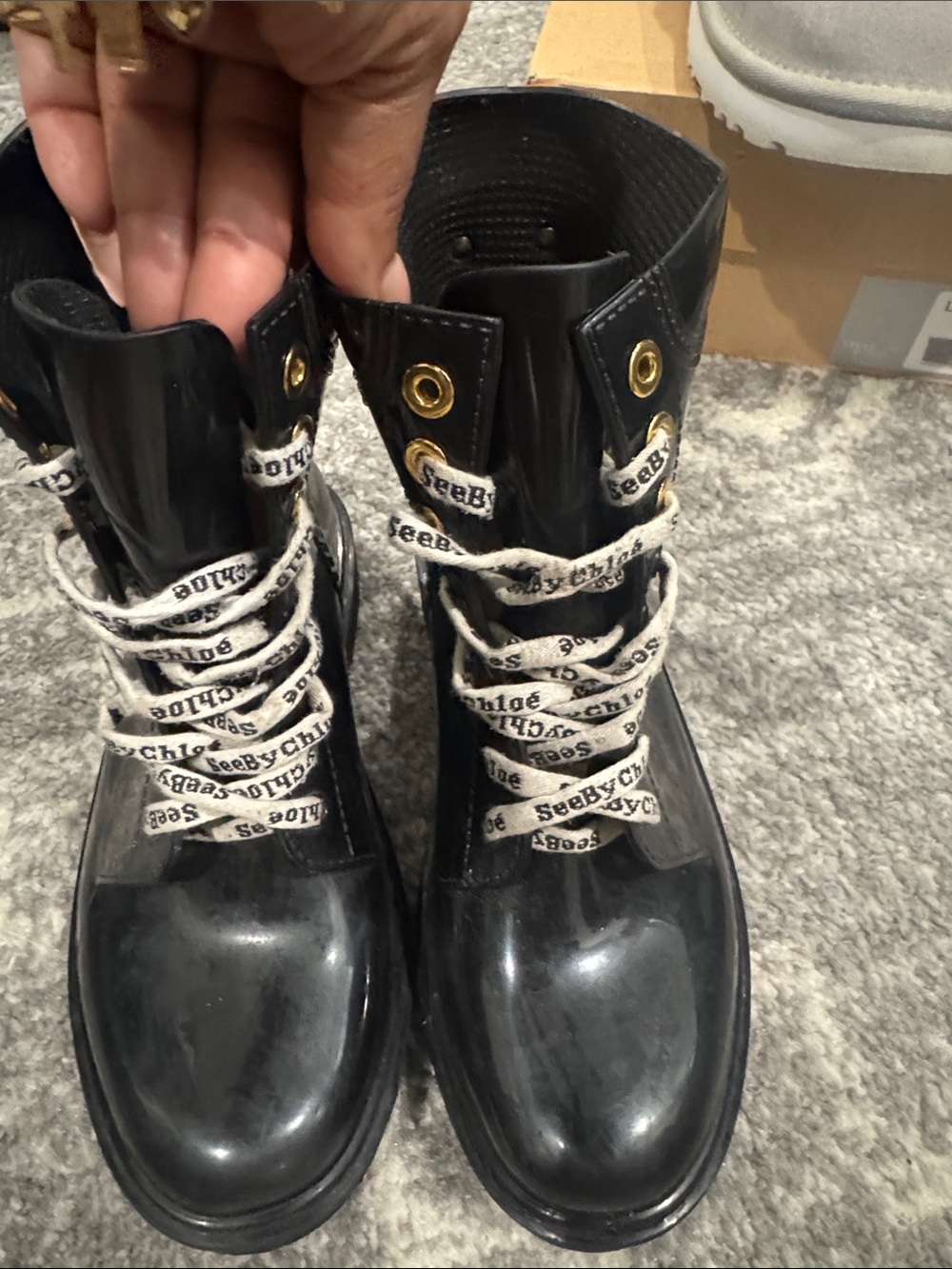 See By Chloe Black Patent Lace-Up Combat Boots with Branded Laces